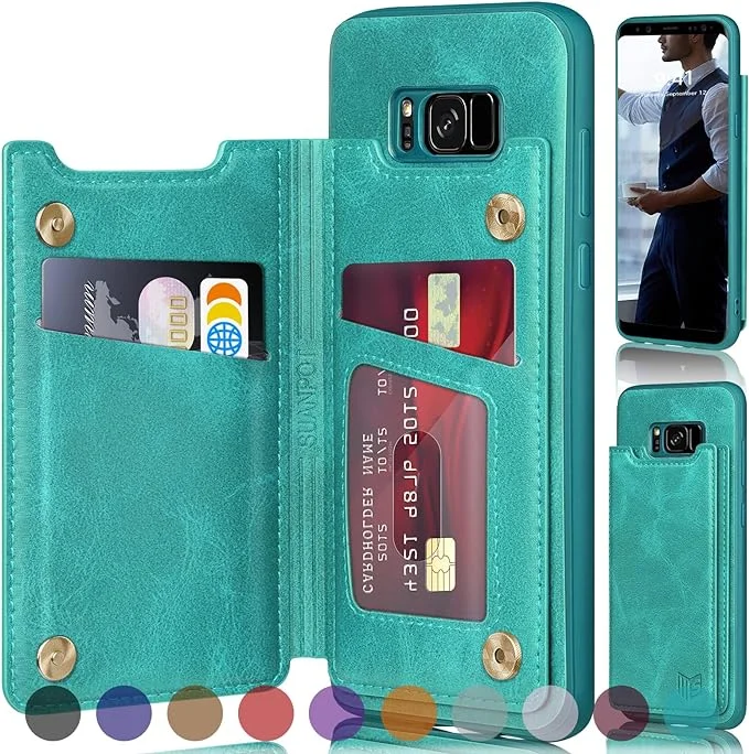 S8 Plus smartphone in a cardholder case, showing card slots and sturdy design.