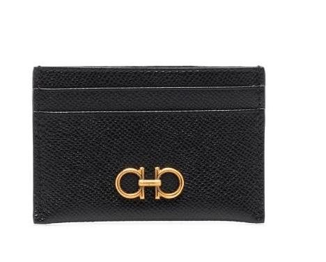 Salvatore Ferragamo black leather card holder with logo embossed on front