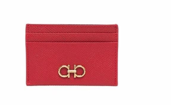 Ferragamo card holder in brown leather with sleek design and gold hardware