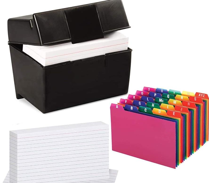 Index card holder with colorful dividers for categorizing cards