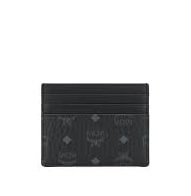 Stylish MCM card holder in classic black leather with signature gold accents