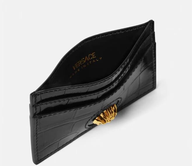 Stylish Versace card holder in classic black leather with gold accents