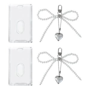 2 Sets Clear Acrylic Photocard Holder Protector with Pearl Bow Keychain Charm…