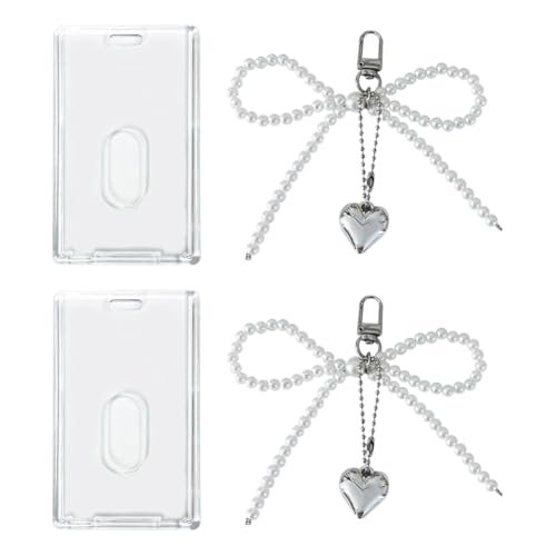 2 Sets Clear Acrylic Photocard Holder Protector with Pearl Bow Keychain Charm…