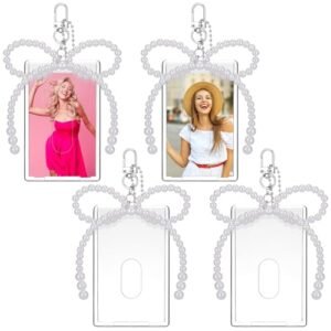 Landical 4 Sets Photocard Holder with Pearl Bow Keychain Acrylic Photocard Holder…