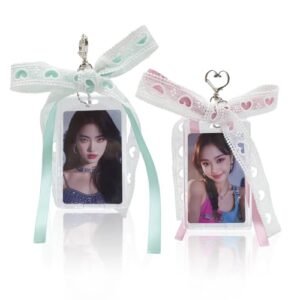 2 Sets Photocard Holder with Ribbon Bow Keychain Charm Badge Holders Cute,Transparent…