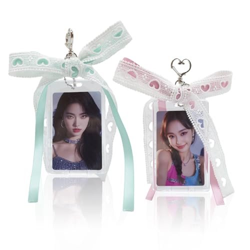 2 Sets Photocard Holder with Ribbon Bow Keychain Charm Badge Holders Cute,Transparent…