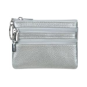 Women's Genuine Leather Coin Purse Mini Pouch Change Wallet with Keychain, Silver